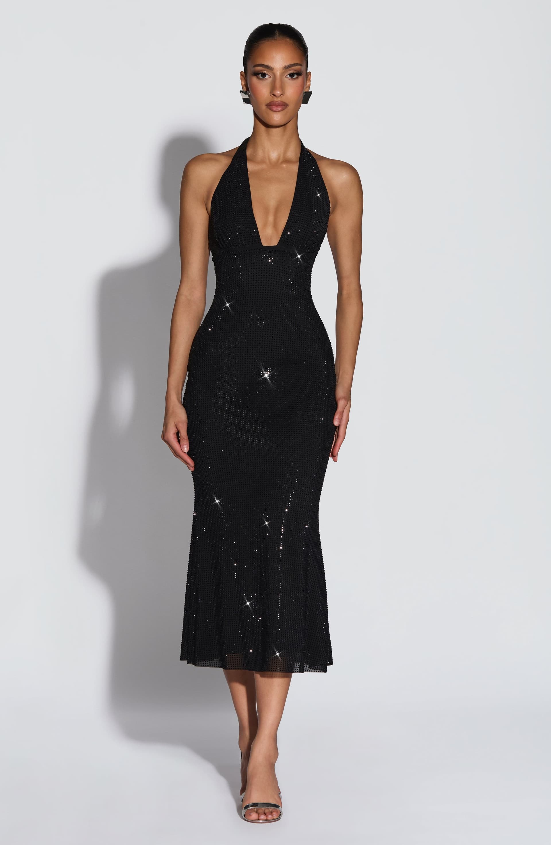 Sonora Midi Dress - Black Stretch Mesh with Rhinestones