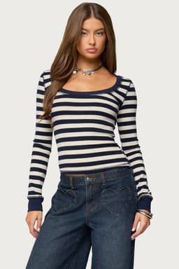 Rainey Striped Long Sleeve Top - Cotton Spandex Scoop Neck