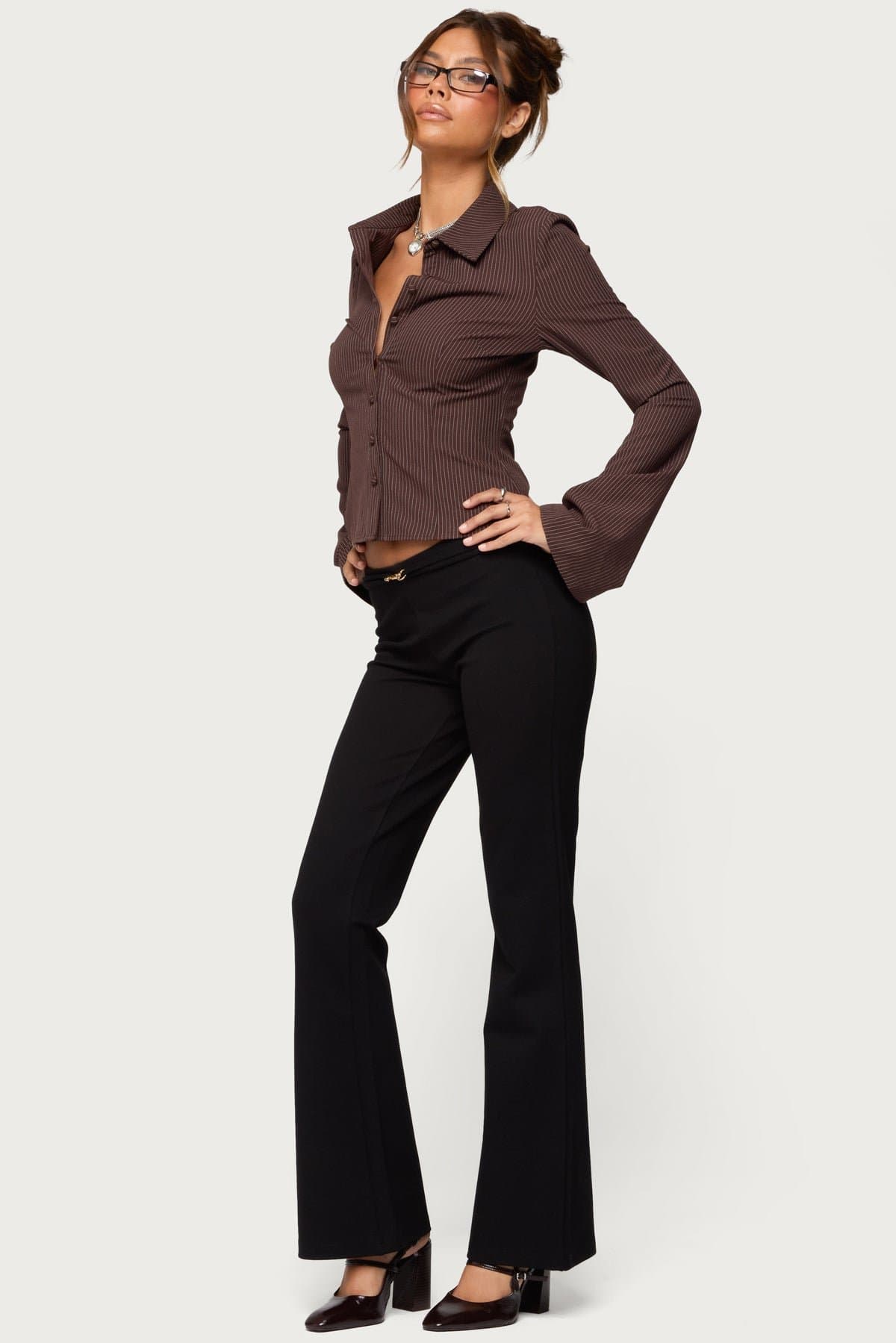 Pinstripe Tailored Button Up Shirt Long Sleeve Polyester Rayon Spandex