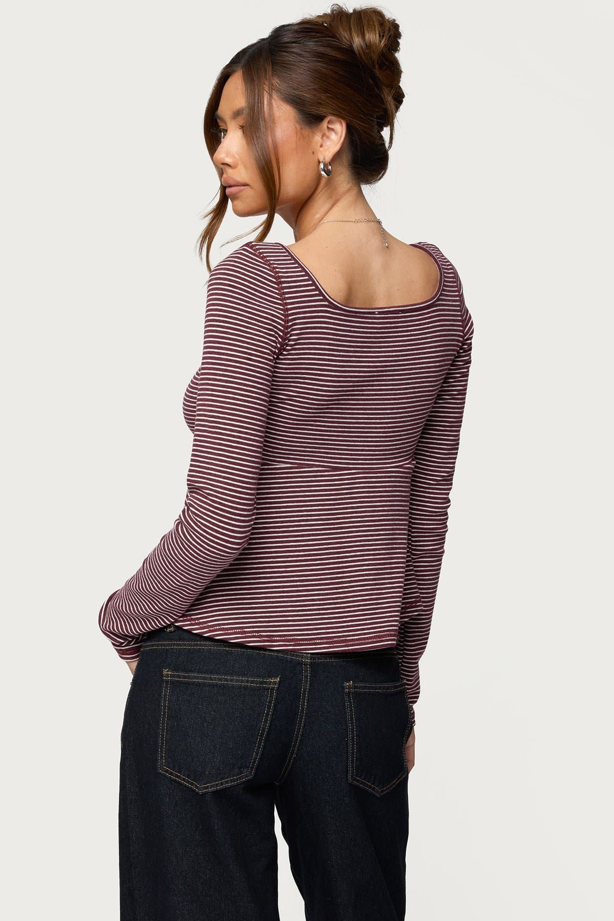 Sare Striped Babydoll Henley Top - Long Sleeve Square Neck Cotton Polyester Spandex