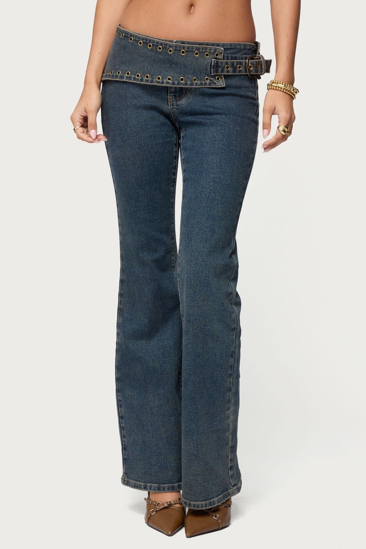 Asymmetric Grommet Belt Low Rise Flared Jeans - Stretch Denim Cotton Polyester Spandex