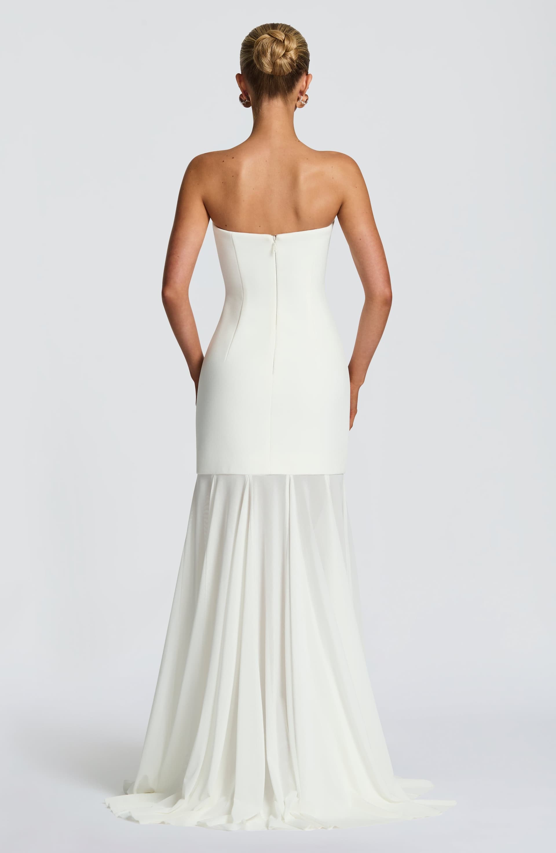 Merritt Strapless Ivory Stretch Crepe Maxi Gown with Mesh Skirt
