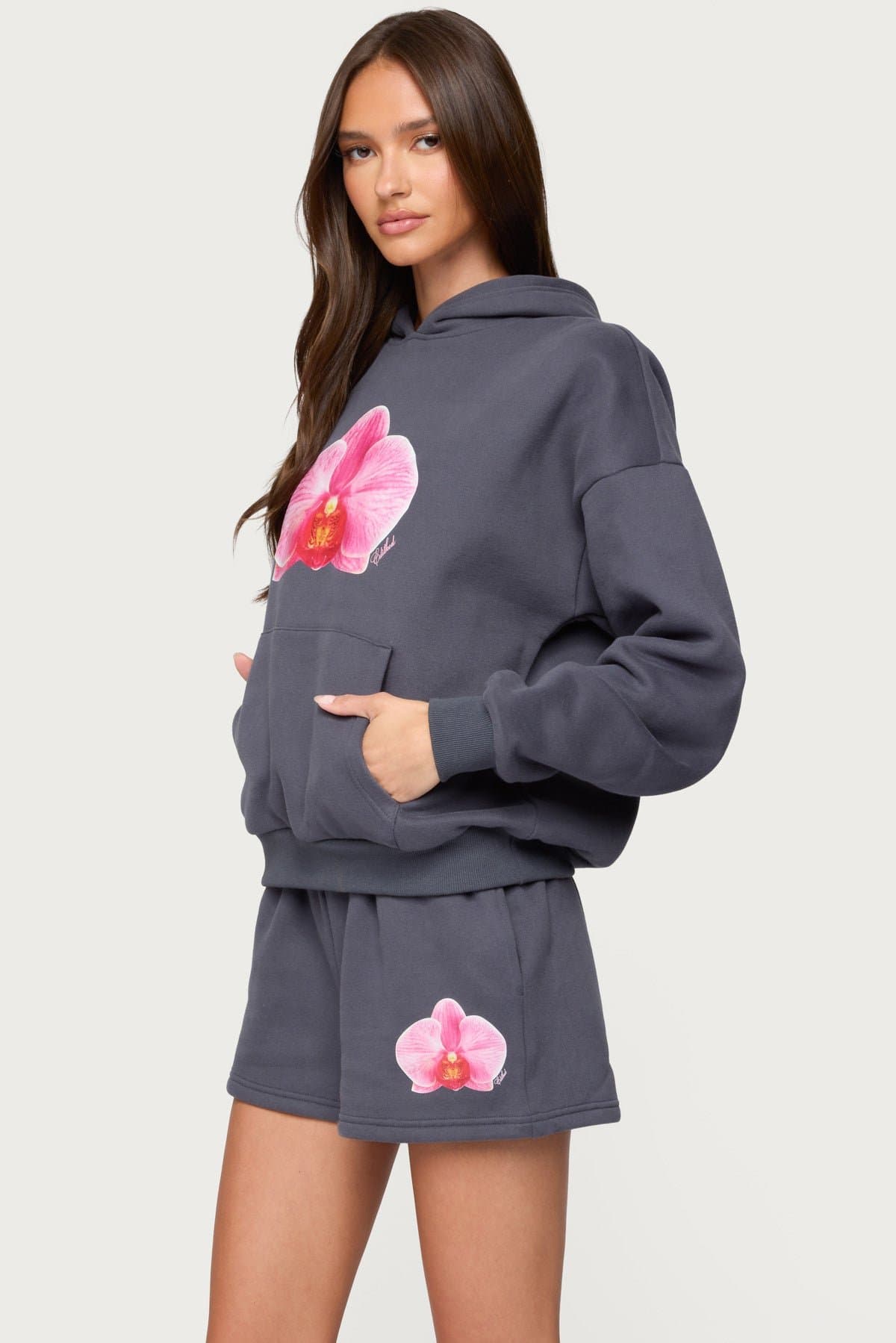 Orchid Babe Hoodie - Polyester Cotton Kangaroo Pocket Orchid Flower Graphic Print