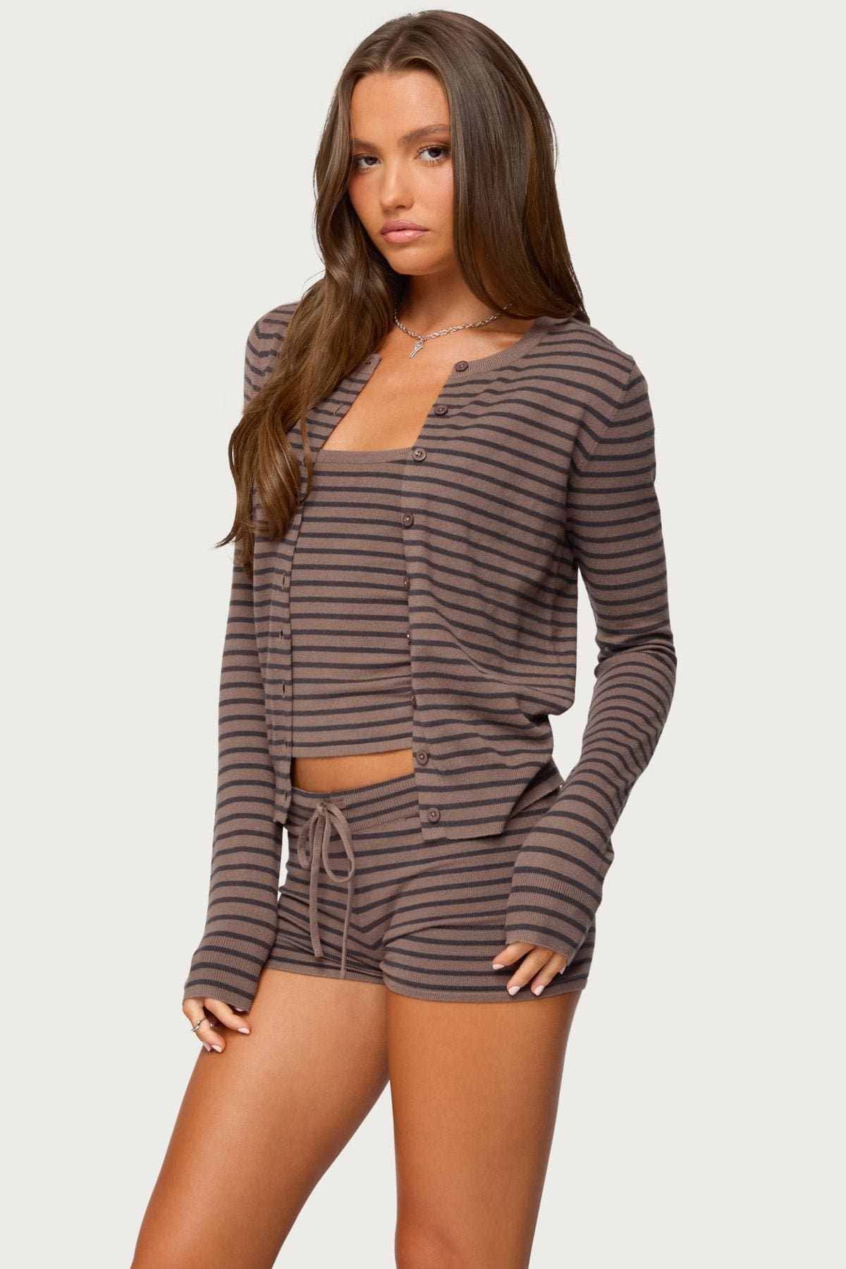 Lillian Striped Button Up Knit Cardigan - Rayon Polyester Nylon