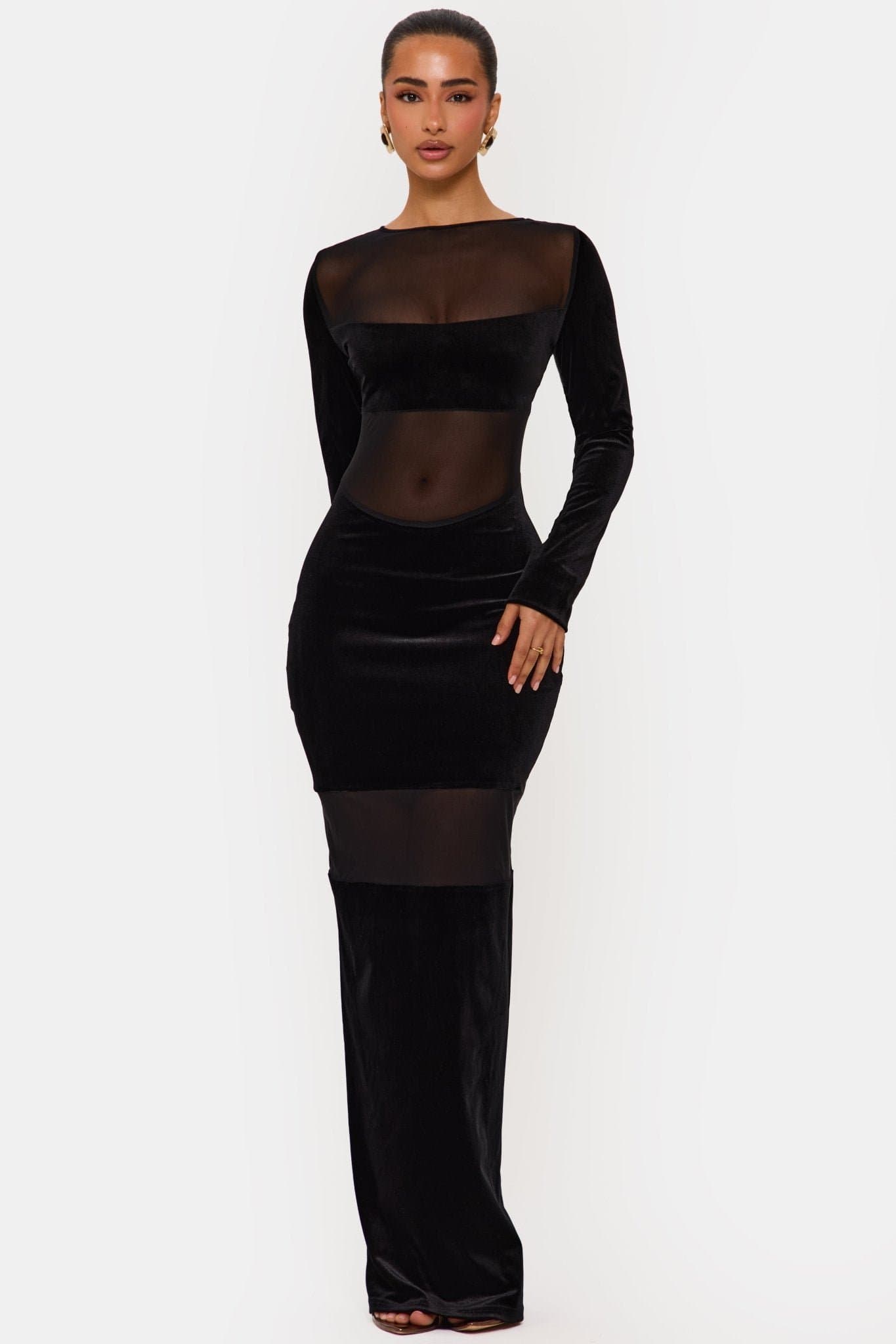 Noir Maxi Long Sleeve Black Dress with Mesh and Velvet Panels
