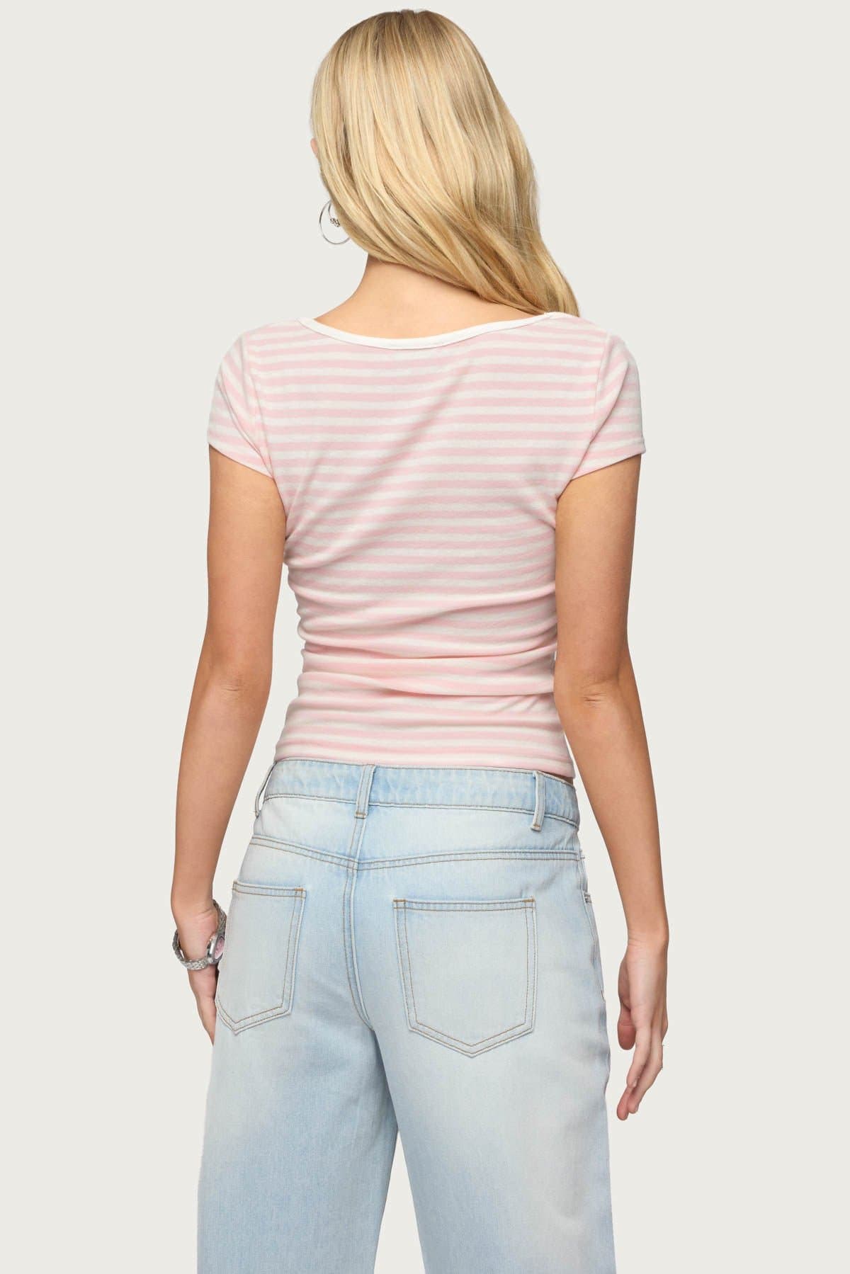 Layered Lacey Striped T-Shirt - Square Neckline, Polyester Rayon Spandex Blend