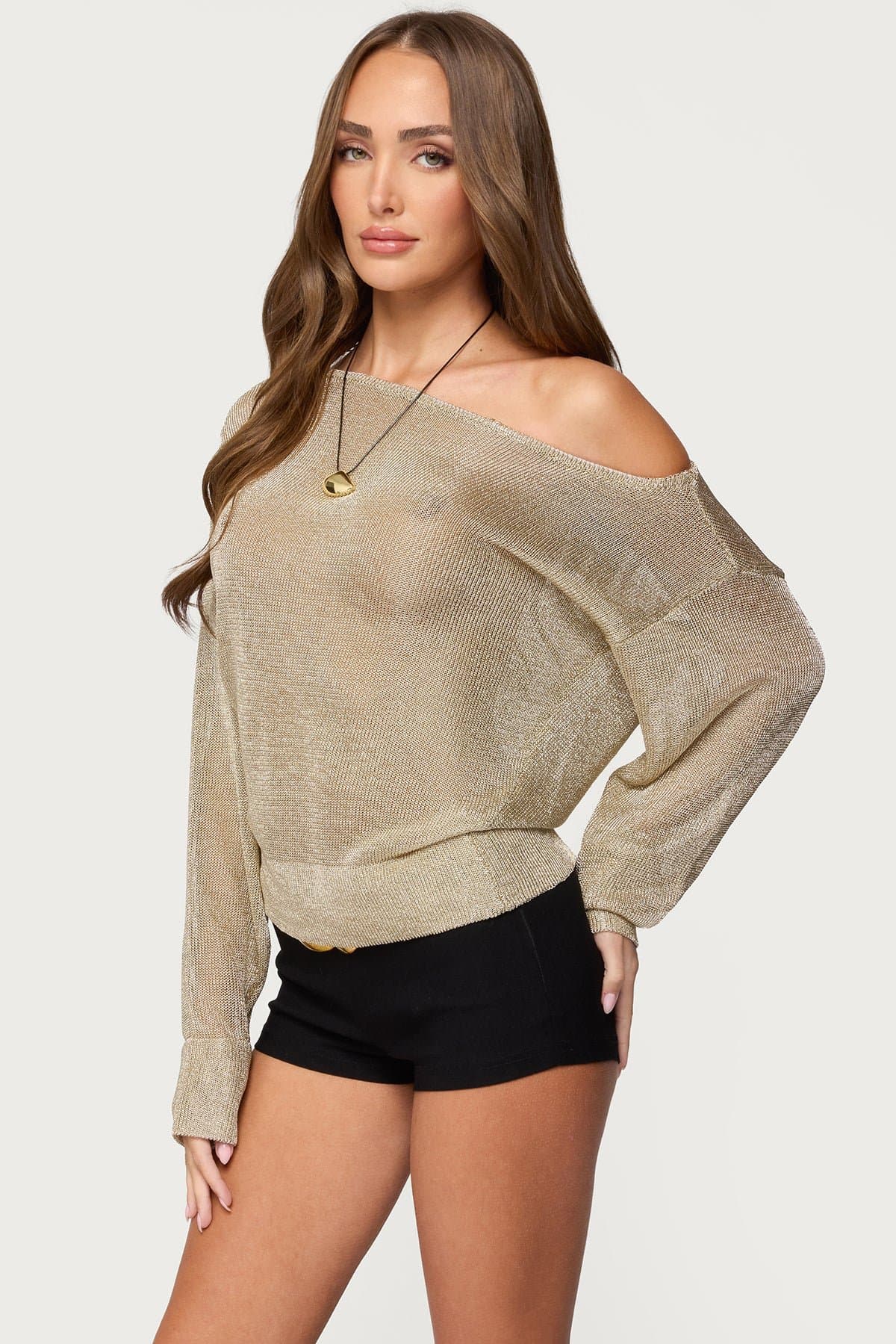 Charlo Off Shoulder Shiny Knit Top - Long Sleeve Rayon Metallic