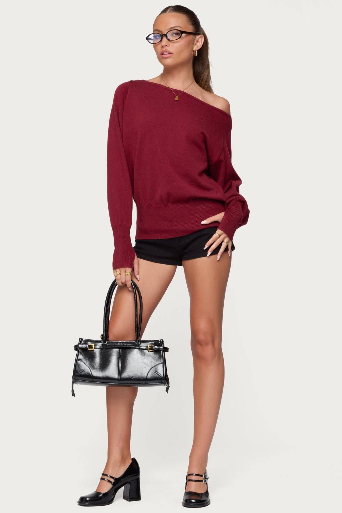 Off Shoulder Oversized Acrylic Sweater with Thumb Holes