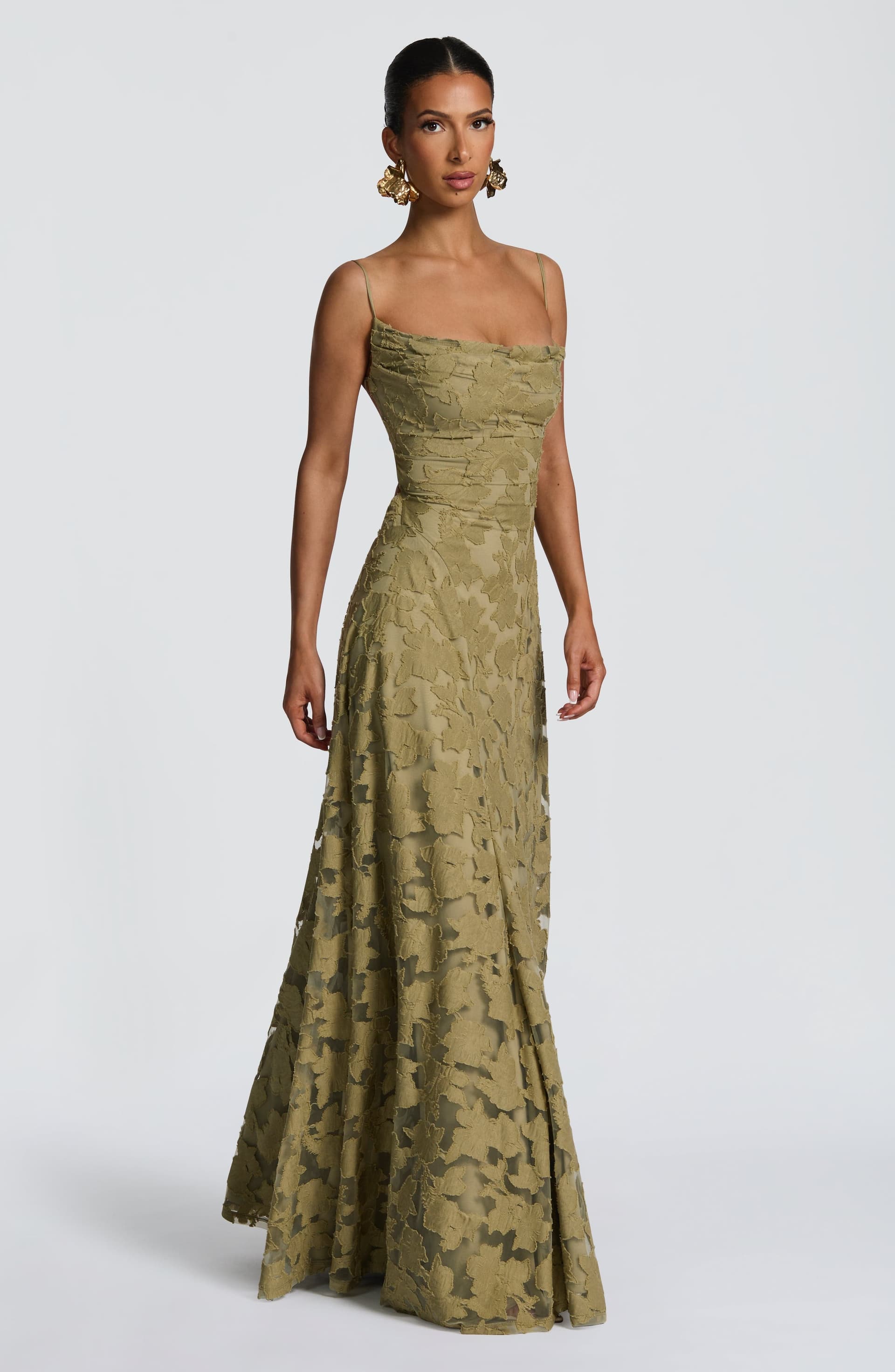 Francis Maxi Dress - Sage Floral Burnout Jersey Cowl Neck Lace-Up Back