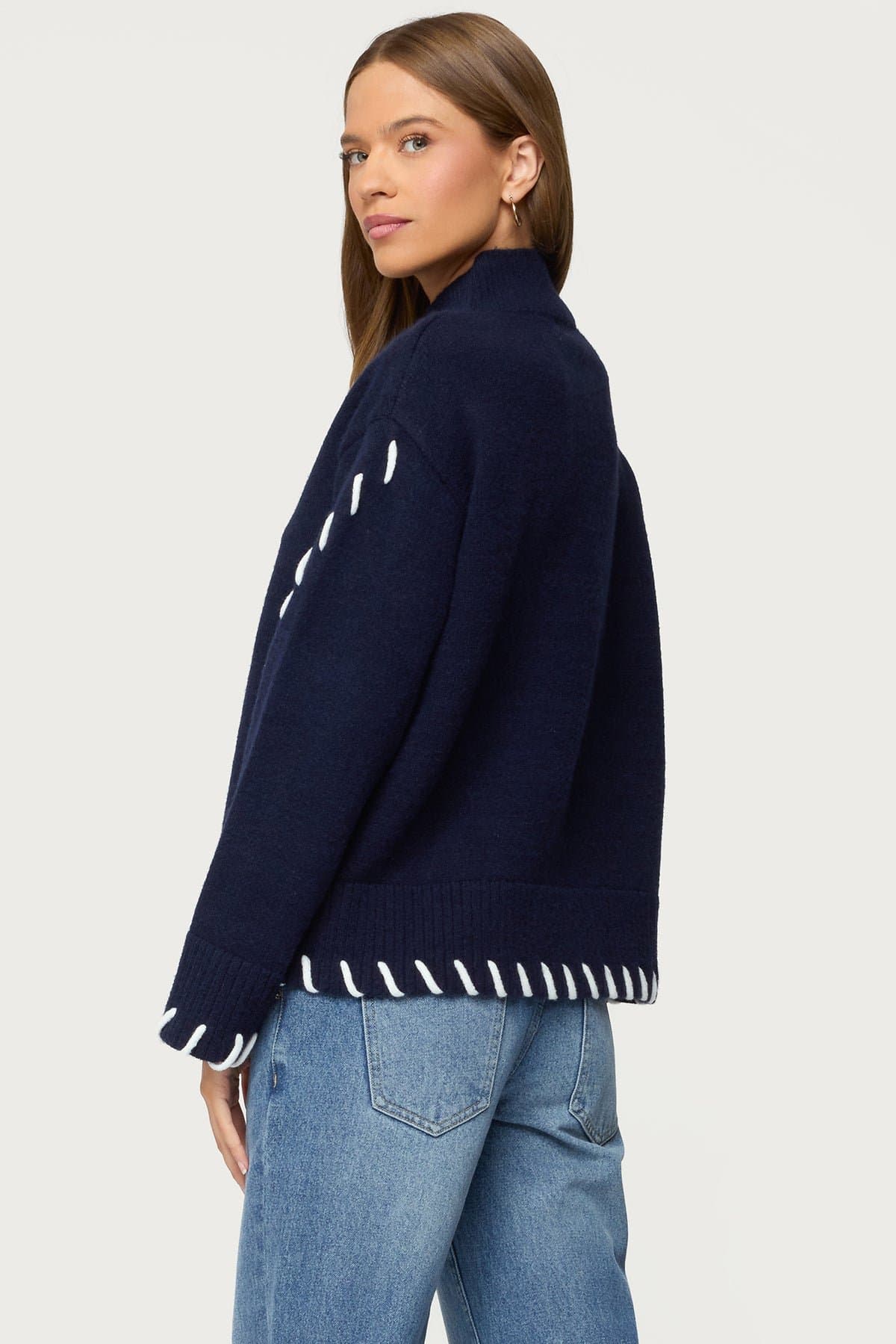 Indah Contrast Stitch Oversized Turtle Neck Acrylic Knit Sweater