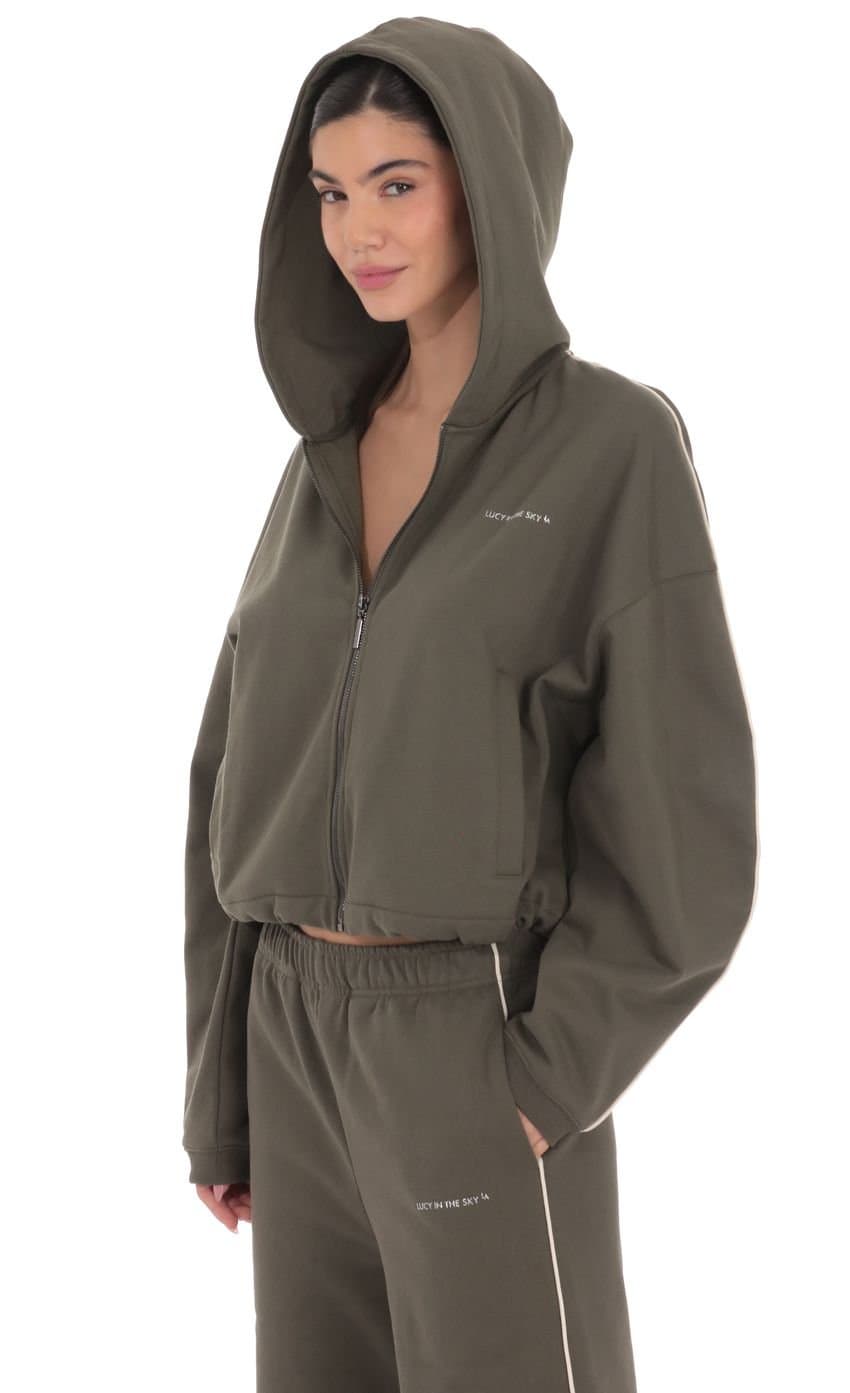 Cropped Cinch Waist Hoodie in Olive Green