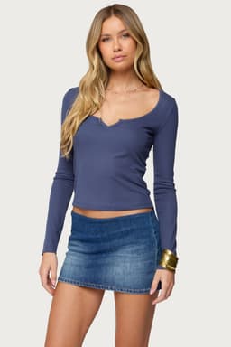 Notch Scoop Neck Long Sleeve Top in Rayon Spandex