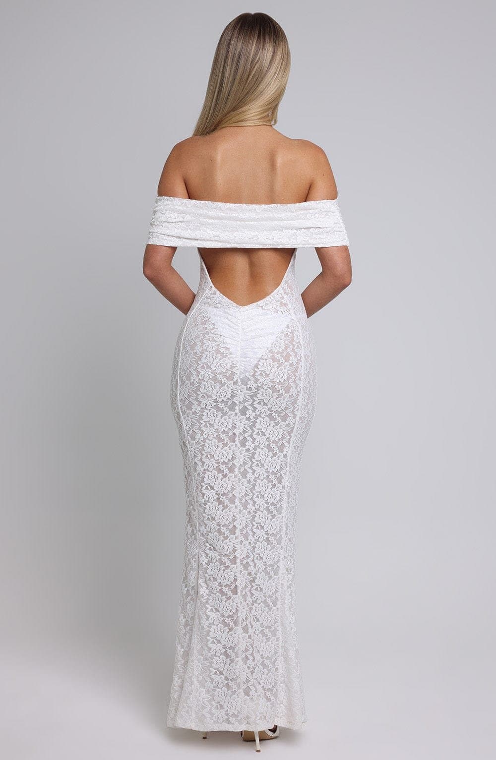 Stephanie Maxi Dress in Ivory - Stretch Floral Lace, Off Shoulder Bardot Neckline