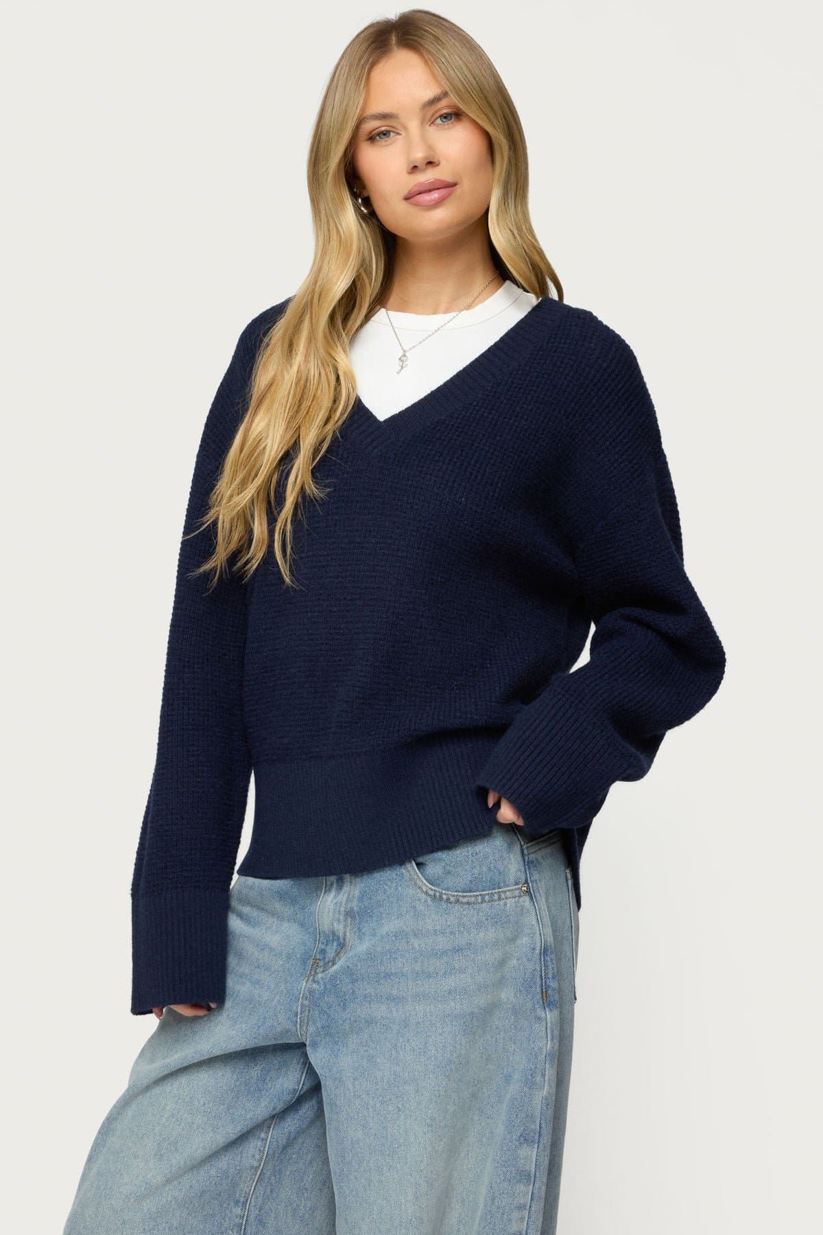 Bluebell Oversized Waffle Knit Sweater - Acrylic Polyester Nylon V-Neck