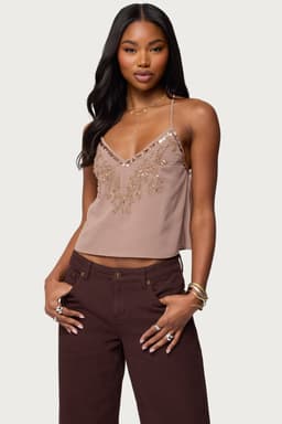Sorina Embellished V Neck Top with Split Back and Crisscross Design Polyester