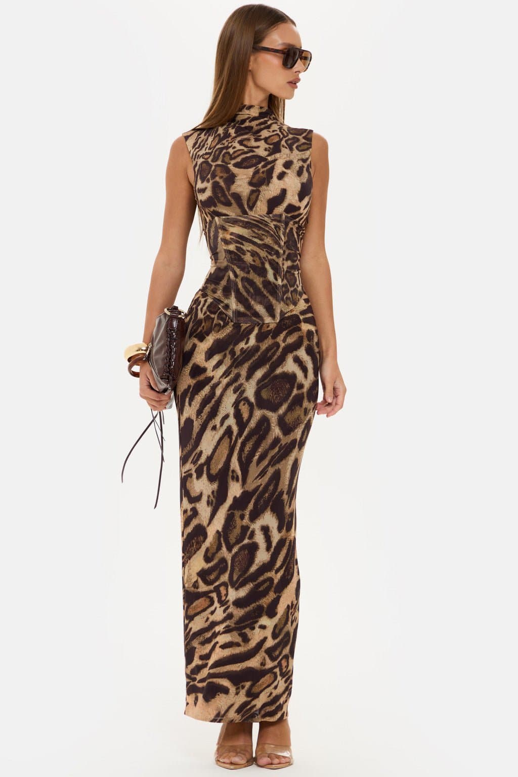 Leopard Print Corset Maxi Dress High Neck Sleeveless Nylon Elastane