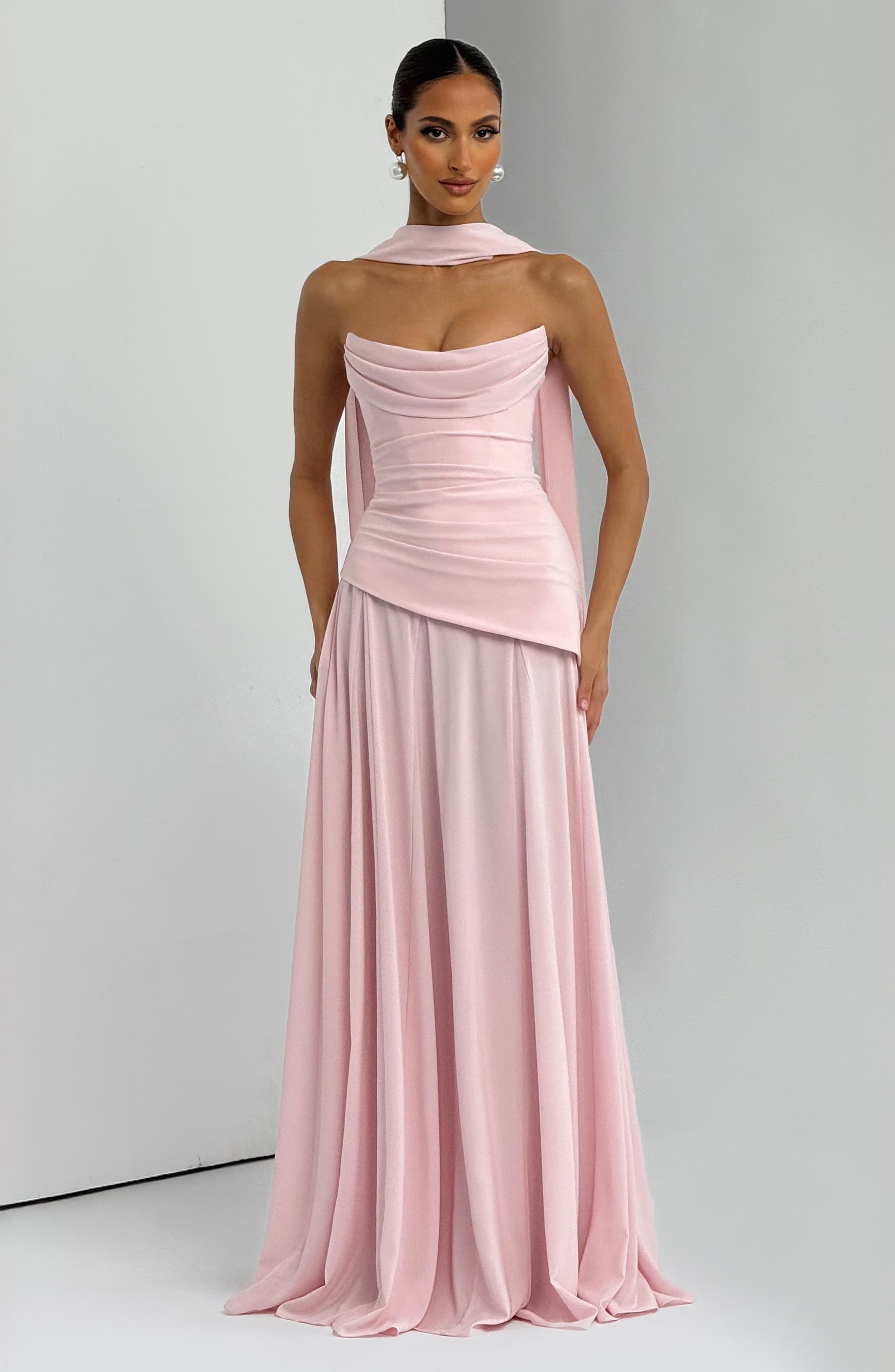 Patricia Maxi Dress - Blush Chiffon with Lace-Up Back, Scooped Neckline