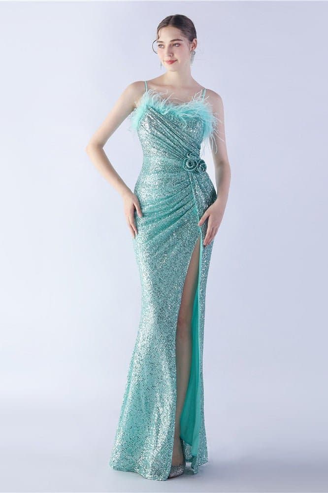 Ostrich Feather Embellished V-Neck Sleeveless Maxi Dress