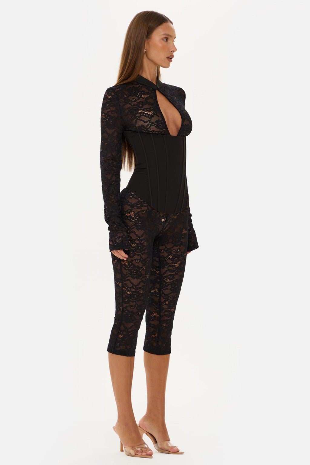 Jagger Long Sleeve Lace Capri Jumpsuit with High Neck and Corset Boning