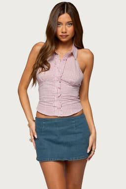 Imrie Plaid Collared Halter Top - Cotton Polyester Smocked Back Ruffle Detail
