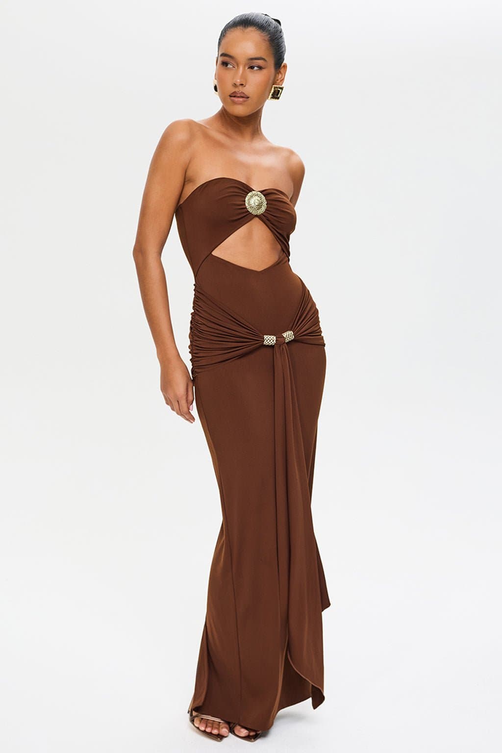 Gemini Maxi Dress - Bandeau Neckline Gold Cleo Hardware Cut-Out Bodice
