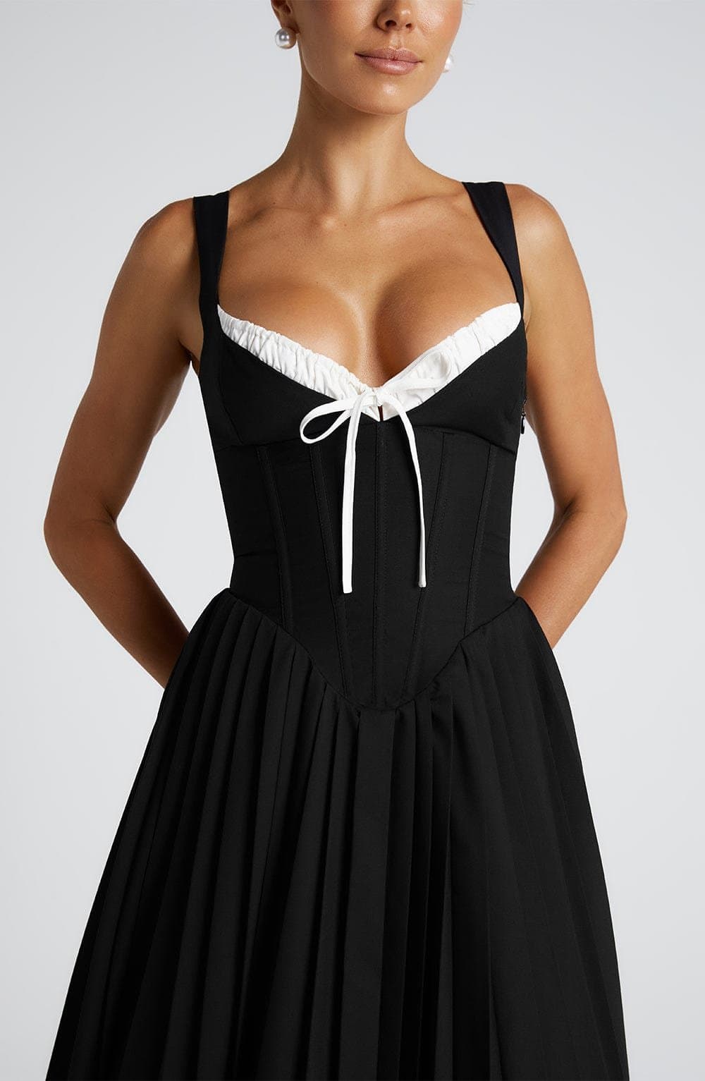 Natassia Midi Dress - Black White Fan Straps Sweetheart Neckline Lace-Up Back