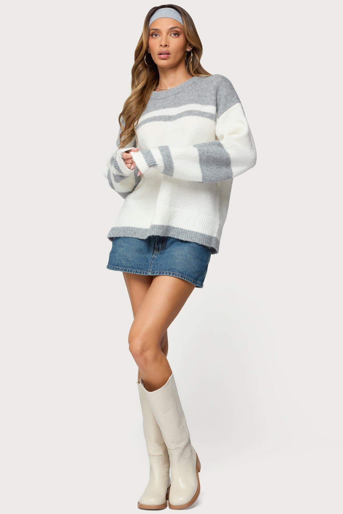 Nogah Stripey Oversized Crewneck Sweater - Acrylic Polyester Spandex Knit