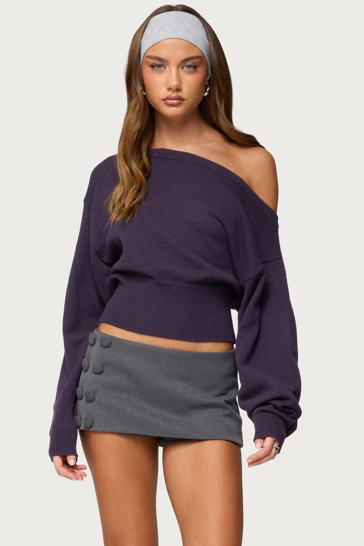 Ravenna Off Shoulder Sweater with Cinched Waistband and Ribbed Knit in Rayon Polyester Nylon