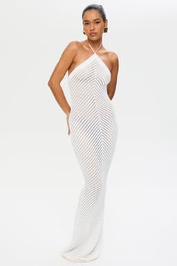 White Knitted Halter Neck Maxi Dress with Chevron Details and Stretch Fabric