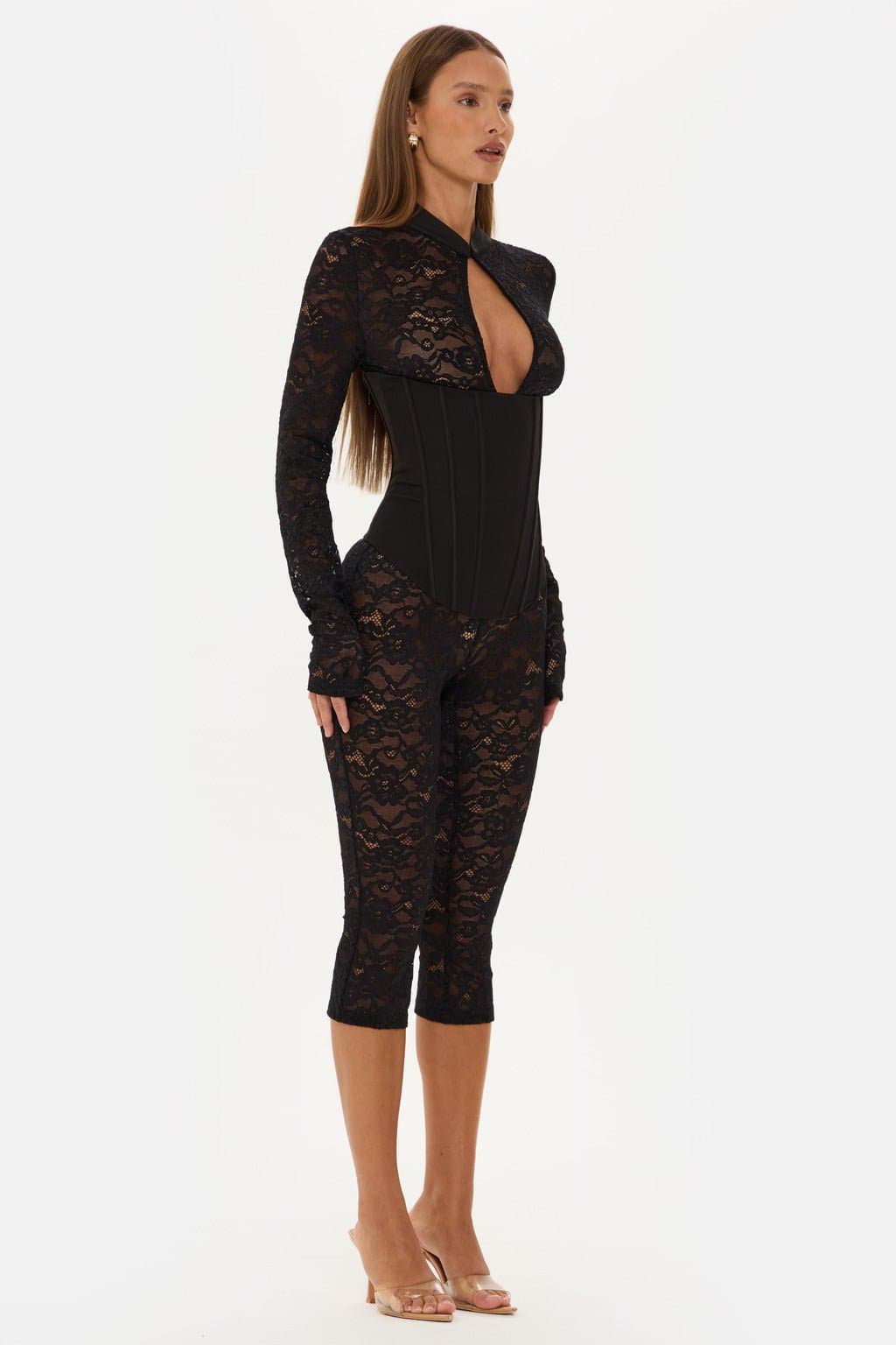 Jagger Long Sleeve Lace Capri Jumpsuit with High Neck and Corset Boning