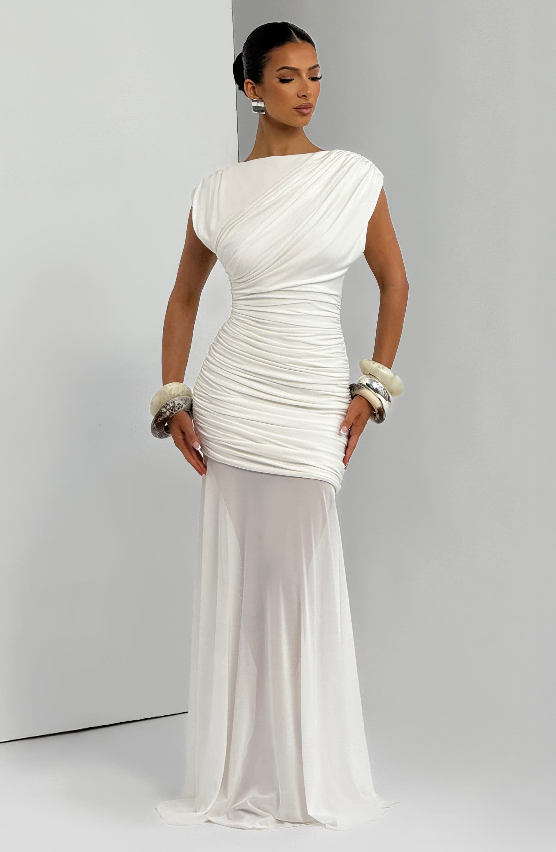Demelza Maxi Dress in Ivory - Modal Jersey with Mesh, Boat Neck, Ruching