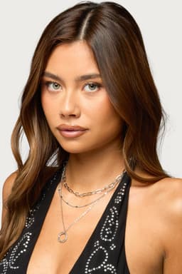 Layered Mixed Chain Necklace with Ring Pendant Silver Tone 14.6 Inch