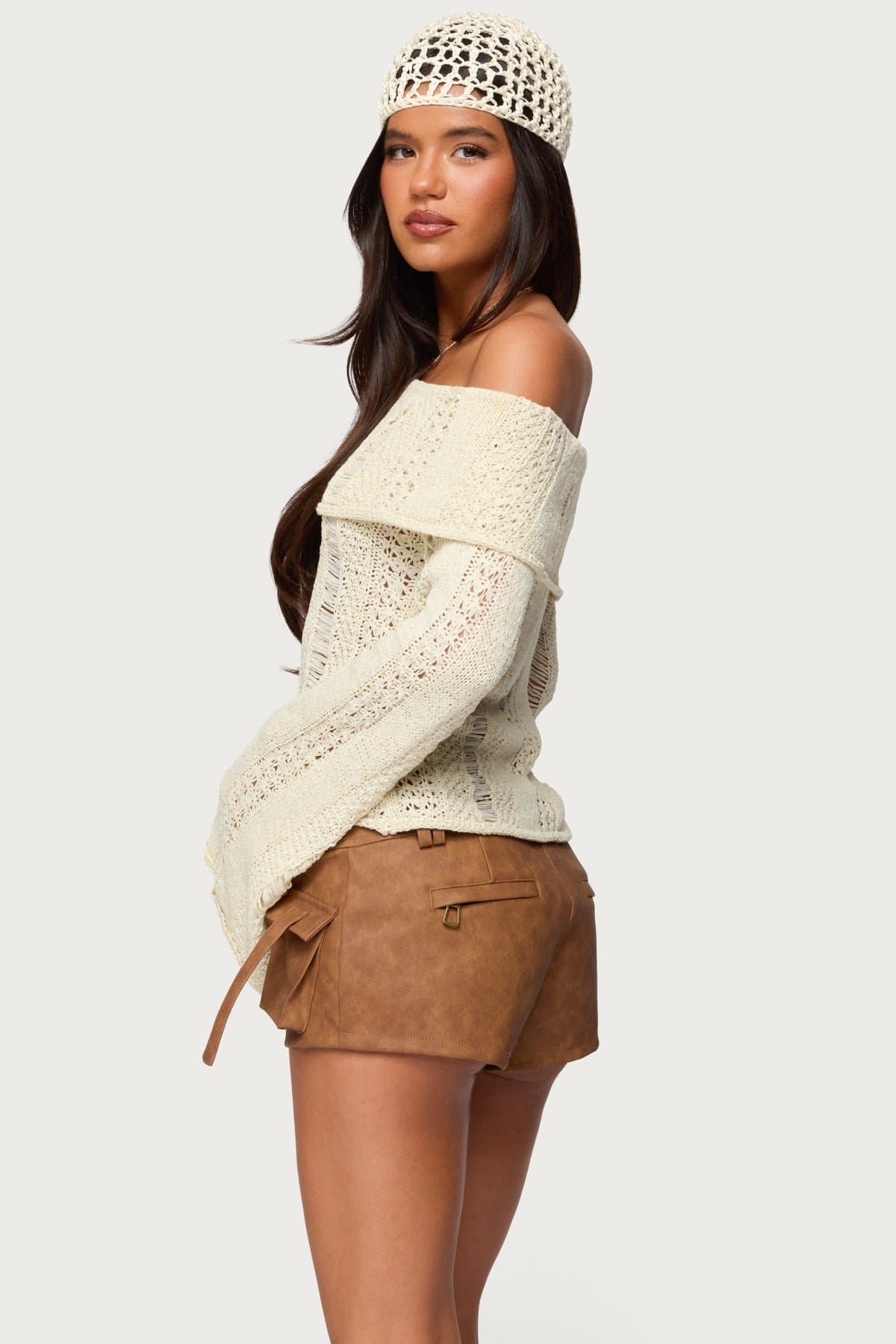 Renna Distressed Fold Over Knit Top - Long Sleeve Off Shoulder Acrylic Spandex