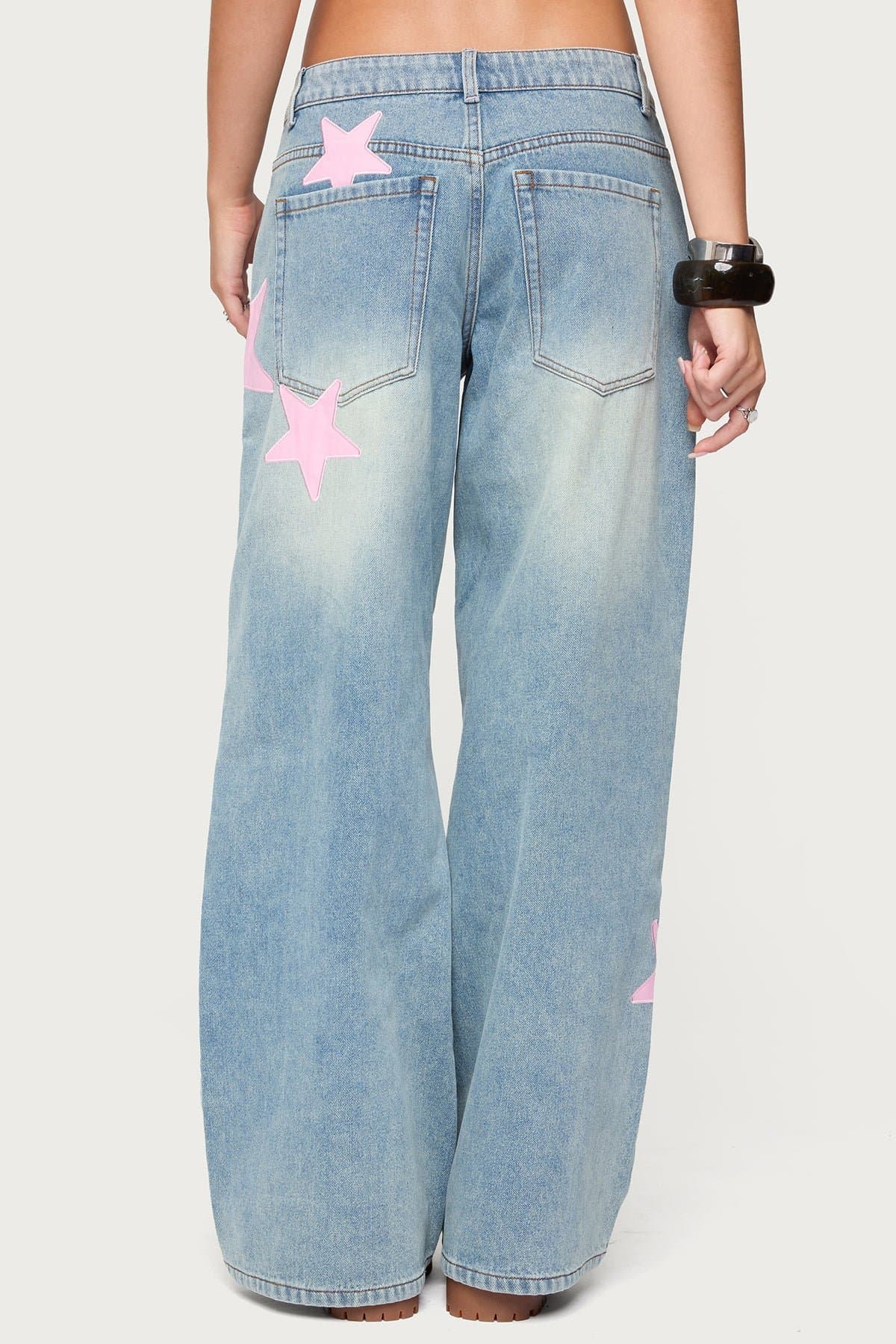 Trish Stars Low Rise Baggy Jeans with Embroidered Satin Star Patches Rigid Denim