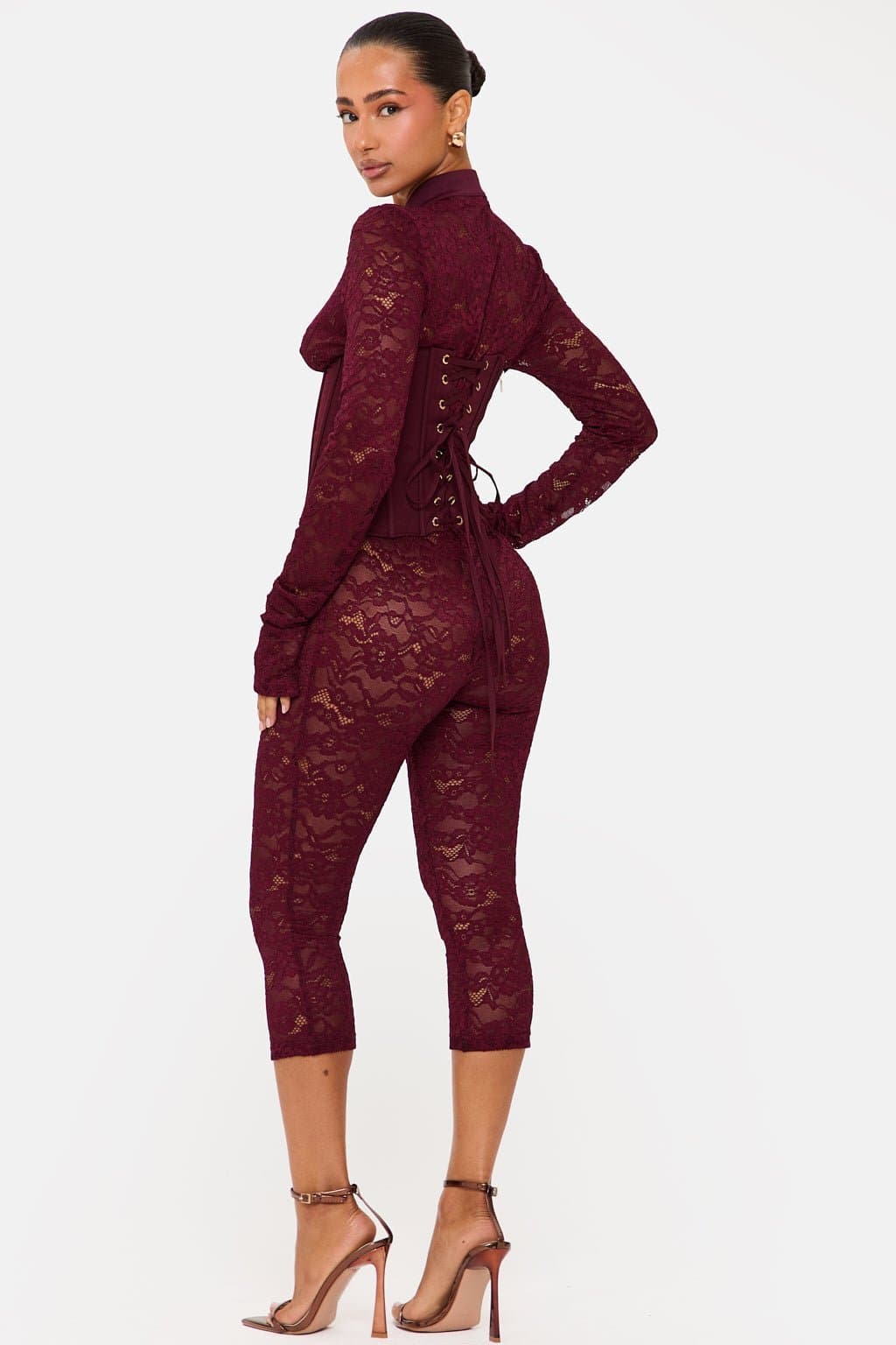 Jagger Long Sleeve Lace Capri Jumpsuit High Neck Keyhole Corset Back