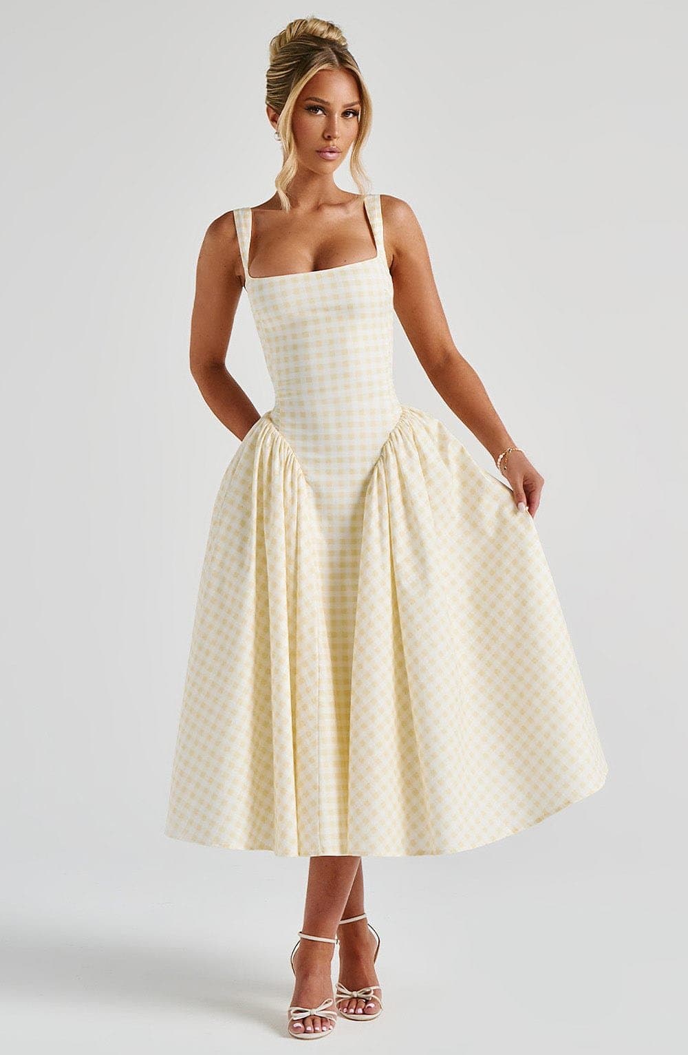 Sherrie Midi Dress in Lemon Gingham Print - Cotton Nylon Elastane Voile