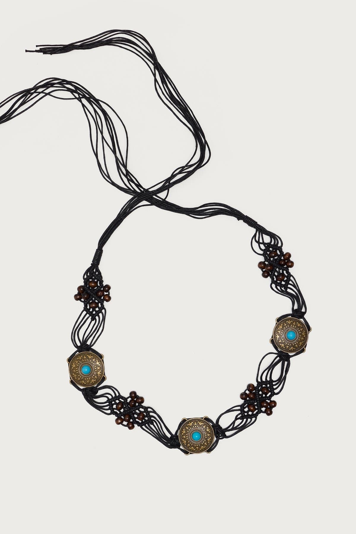 Cowgirl Western Belt with String Design, Metal Stone Pendants, Bead Detailing, Cotton Metal 75.6in