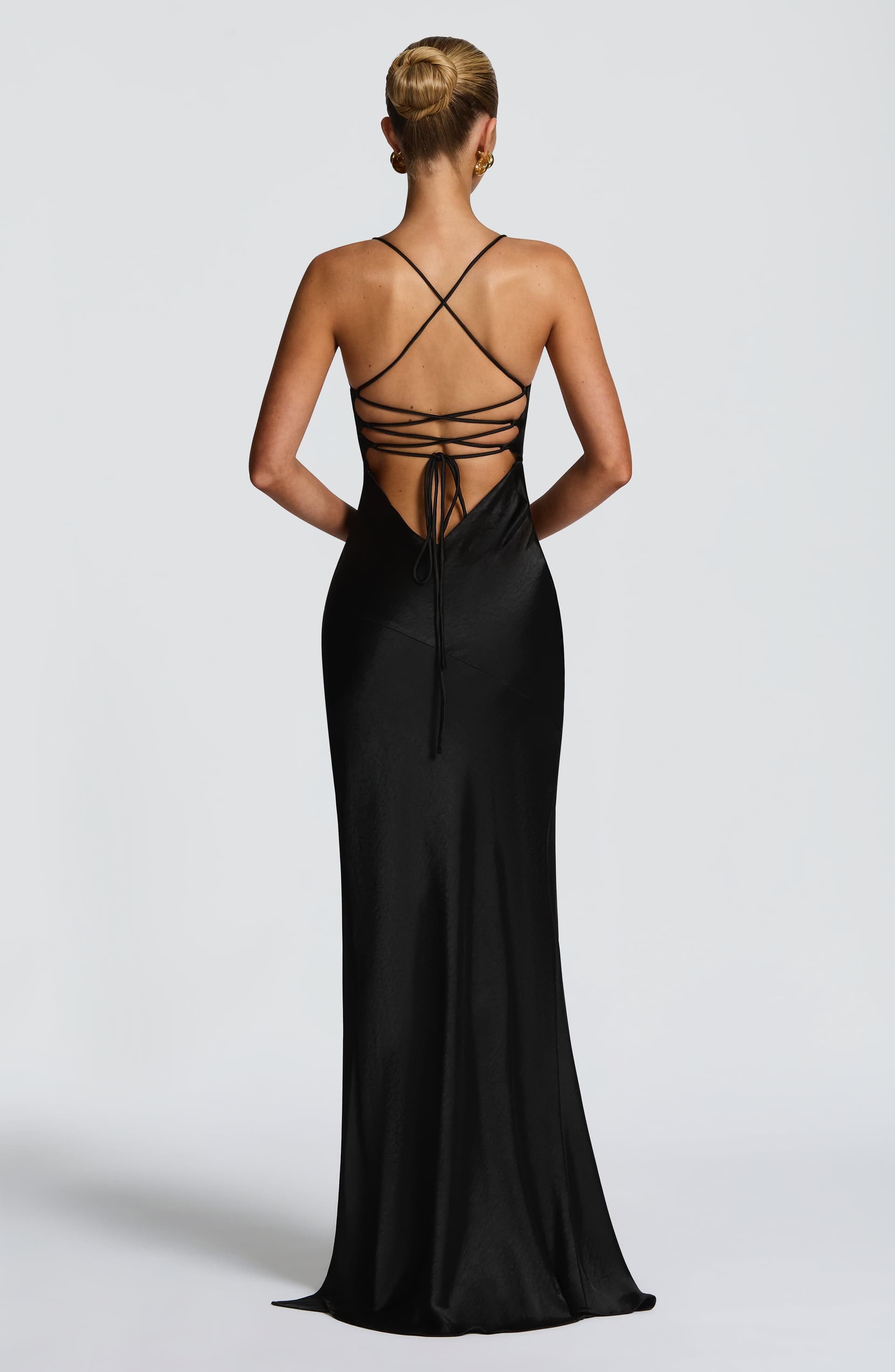 Isobel Maxi Dress - Black Satin Bias Cut Plunge Neck Thigh Split