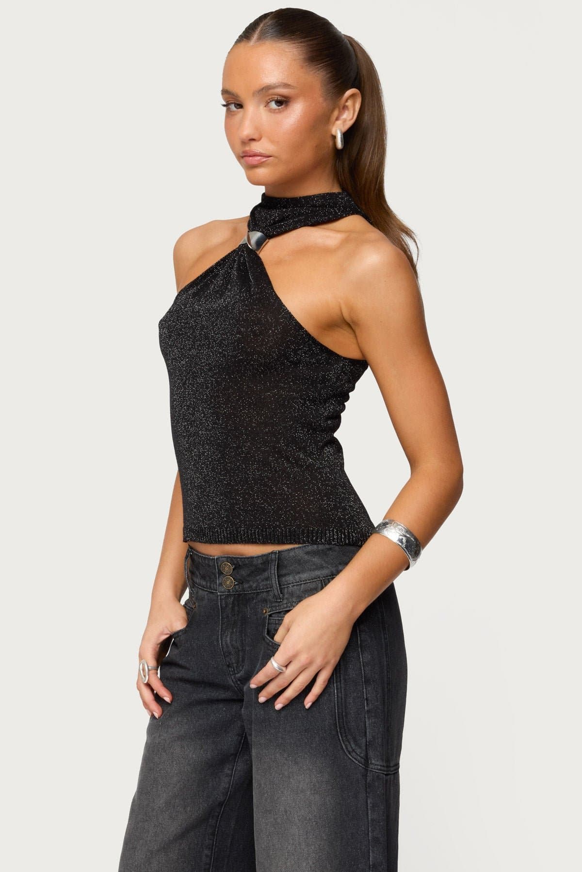 Nalia Gathered Ring Glitter Knit Top - High Neck Rayon Polyester