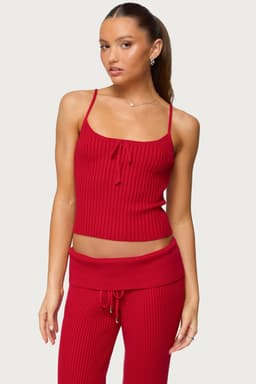 Adannah Tie Ribbed Knit Tank Top - Adjustable Straps, Rayon Polyester Nylon