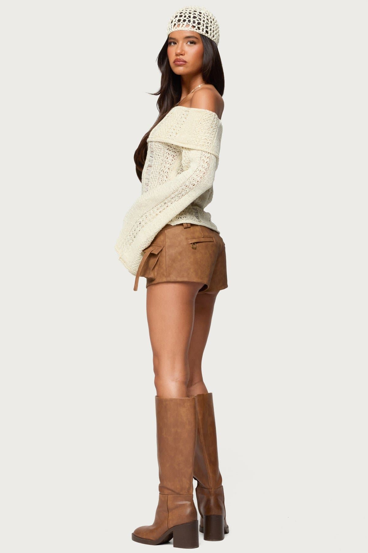 Renna Distressed Fold Over Knit Top - Long Sleeve Off Shoulder Acrylic Spandex