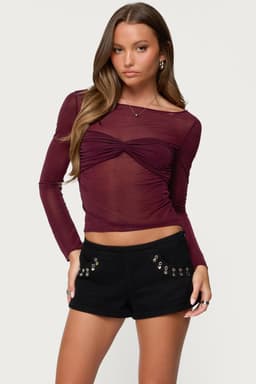 Oona Sheer Gathered Long Sleeve Top - Mesh Polyester Boat Neck