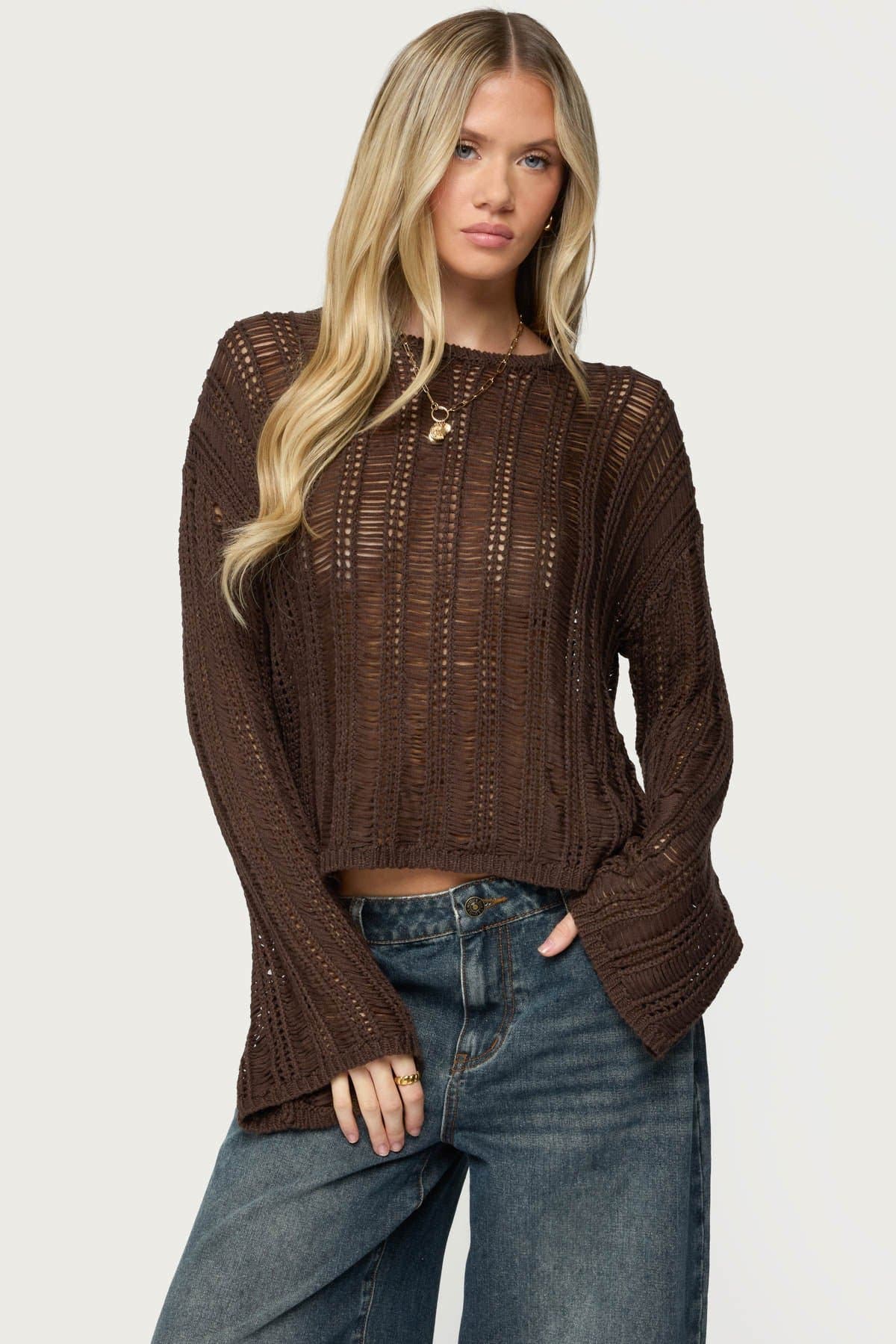 Jaide Sheer Ladder Knit Sweater - Acrylic Knit Top