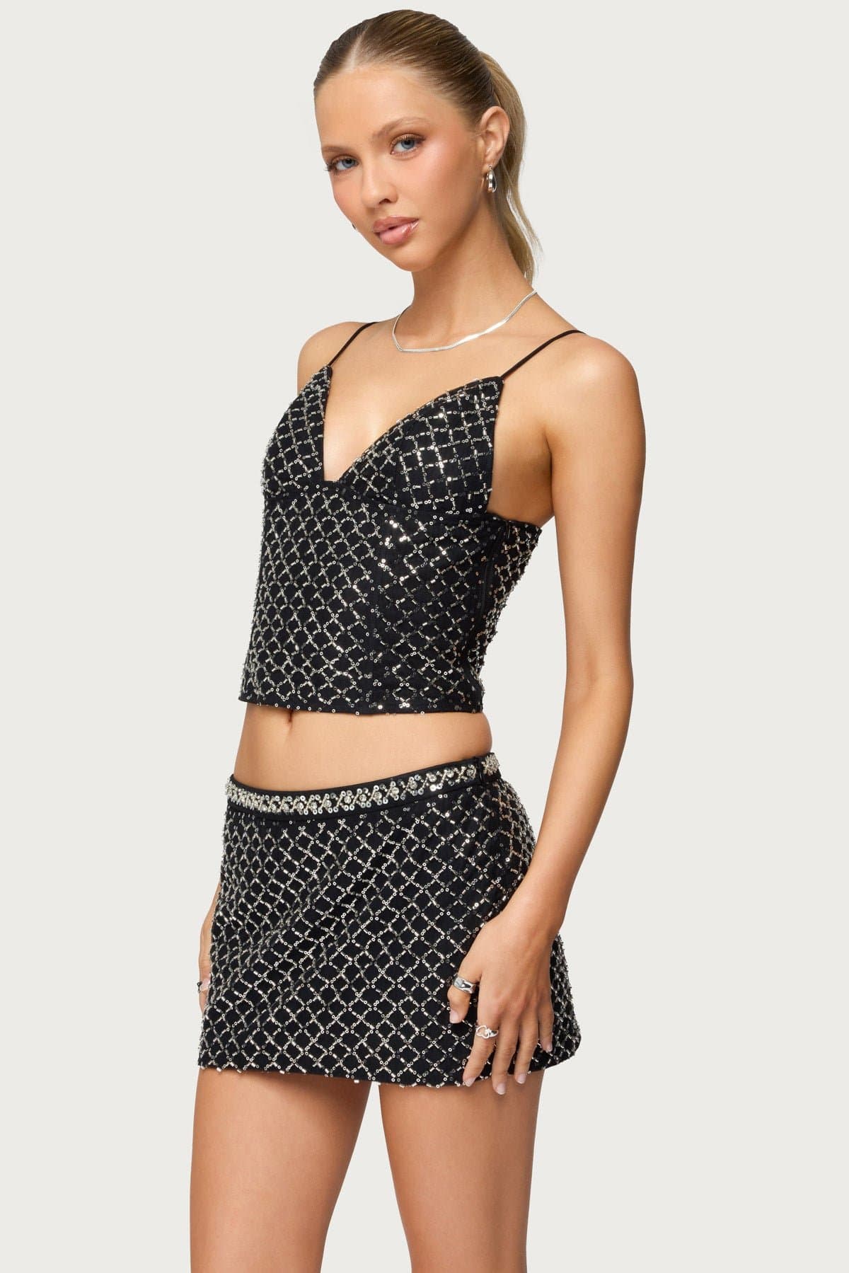 Jenny Beaded Mesh Boned Top - Adjustable Straps, Side Zip, Polyester Spandex
