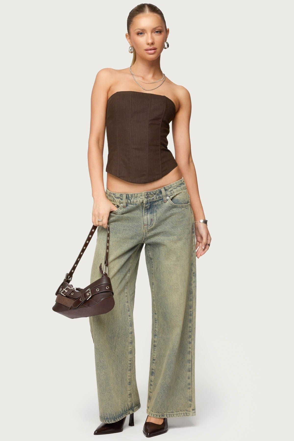 Hadar Linen Look Strapless Boned Corset 100% Cotton Lace Up Back