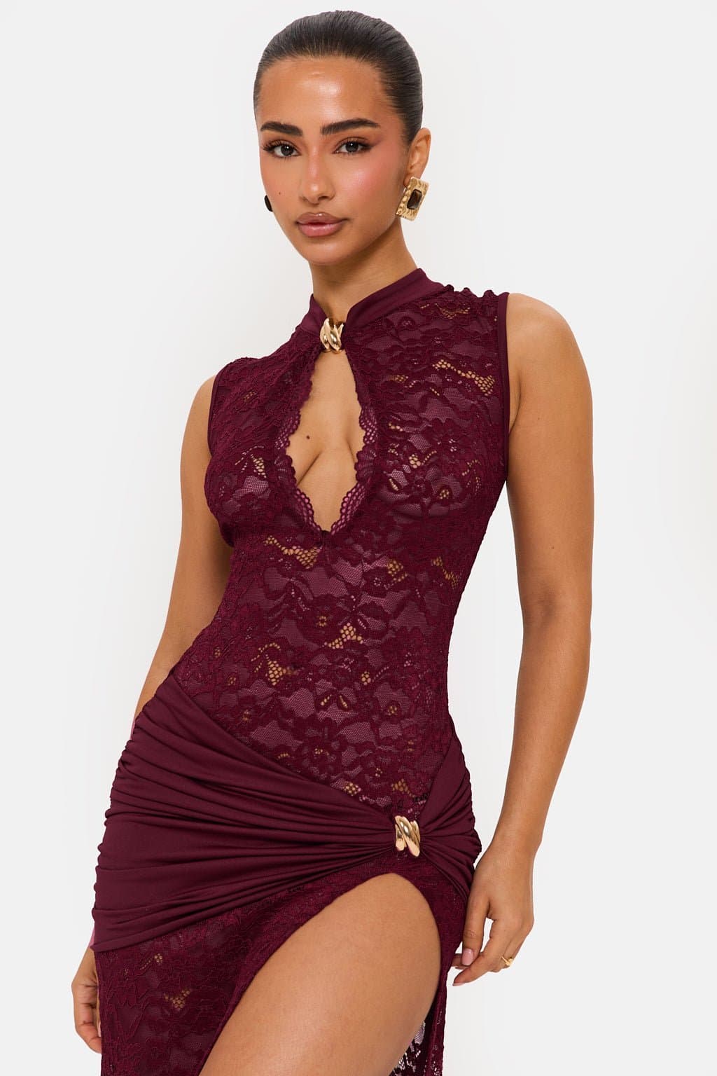 Onyx Lace Maxi Dress - Mock Neck, Thigh-High Split, Sheer Overlay, Gold Hardware