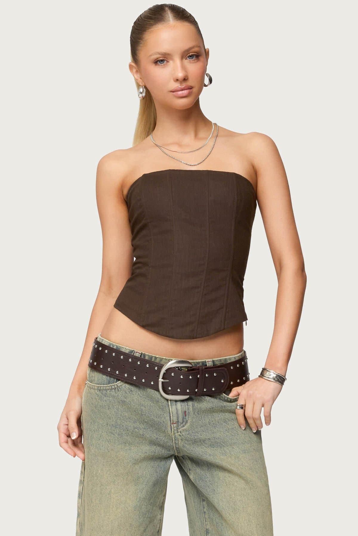 Hadar Linen Look Strapless Boned Corset 100% Cotton Lace Up Back