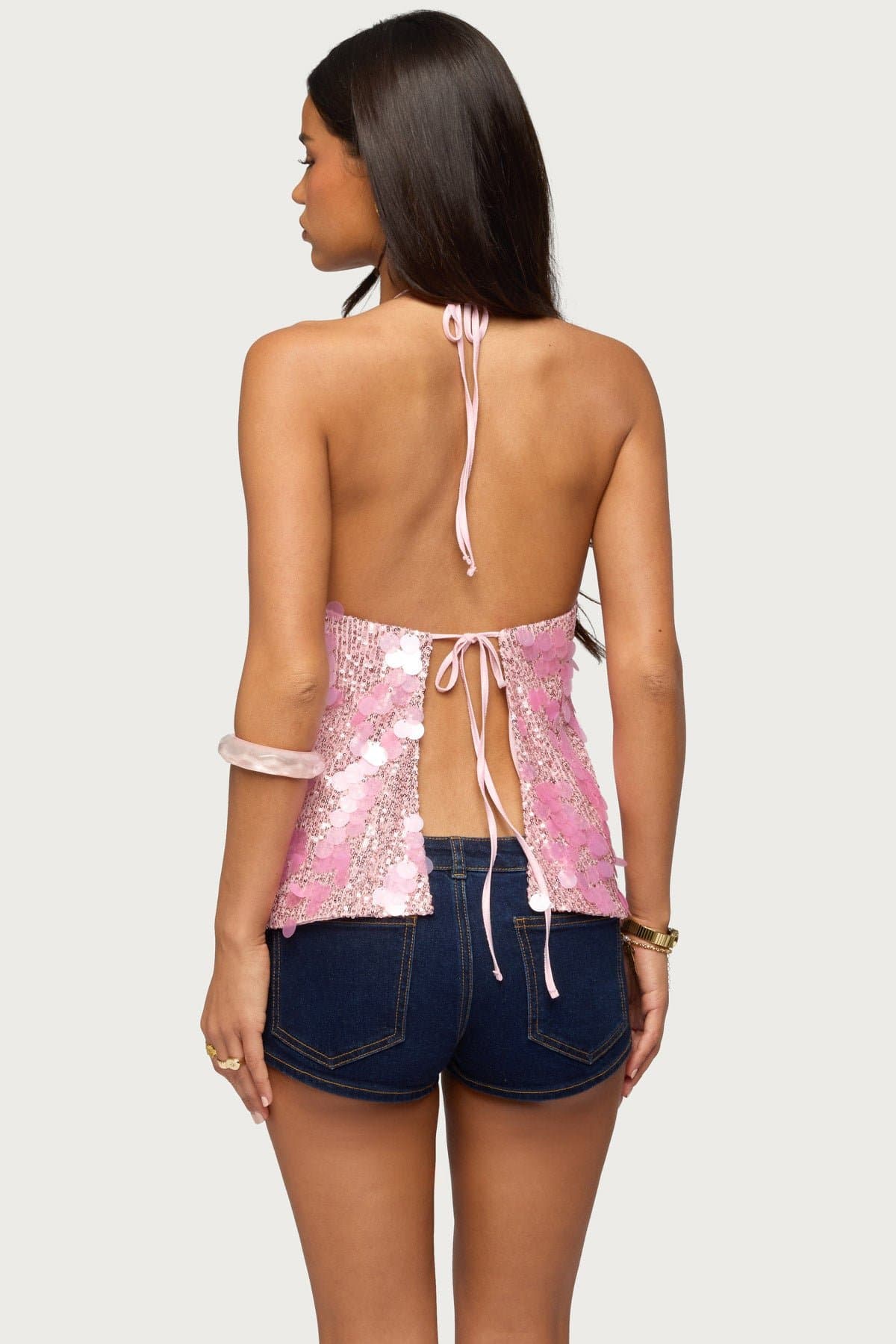 Ellorie Backless Sequin Halter Top - Polyester Spandex Open Back Neck Tie