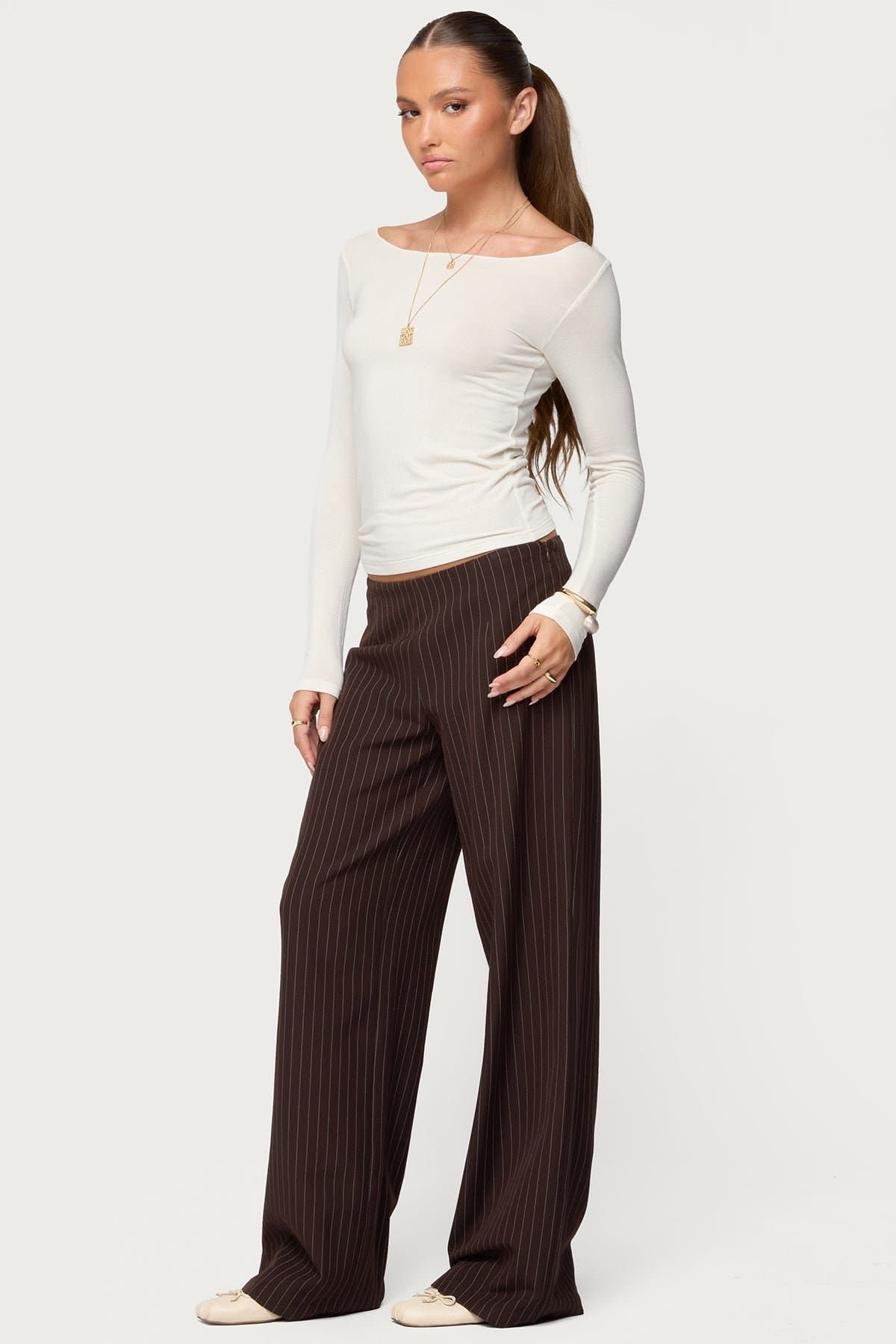 Kerie Pinstripe Low Rise Wide Leg Pants - Polyester Side Zip