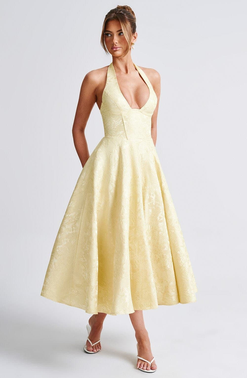 Effie Midi Dress - Lemon Floral Jacquard Plunge Halter Lace Up